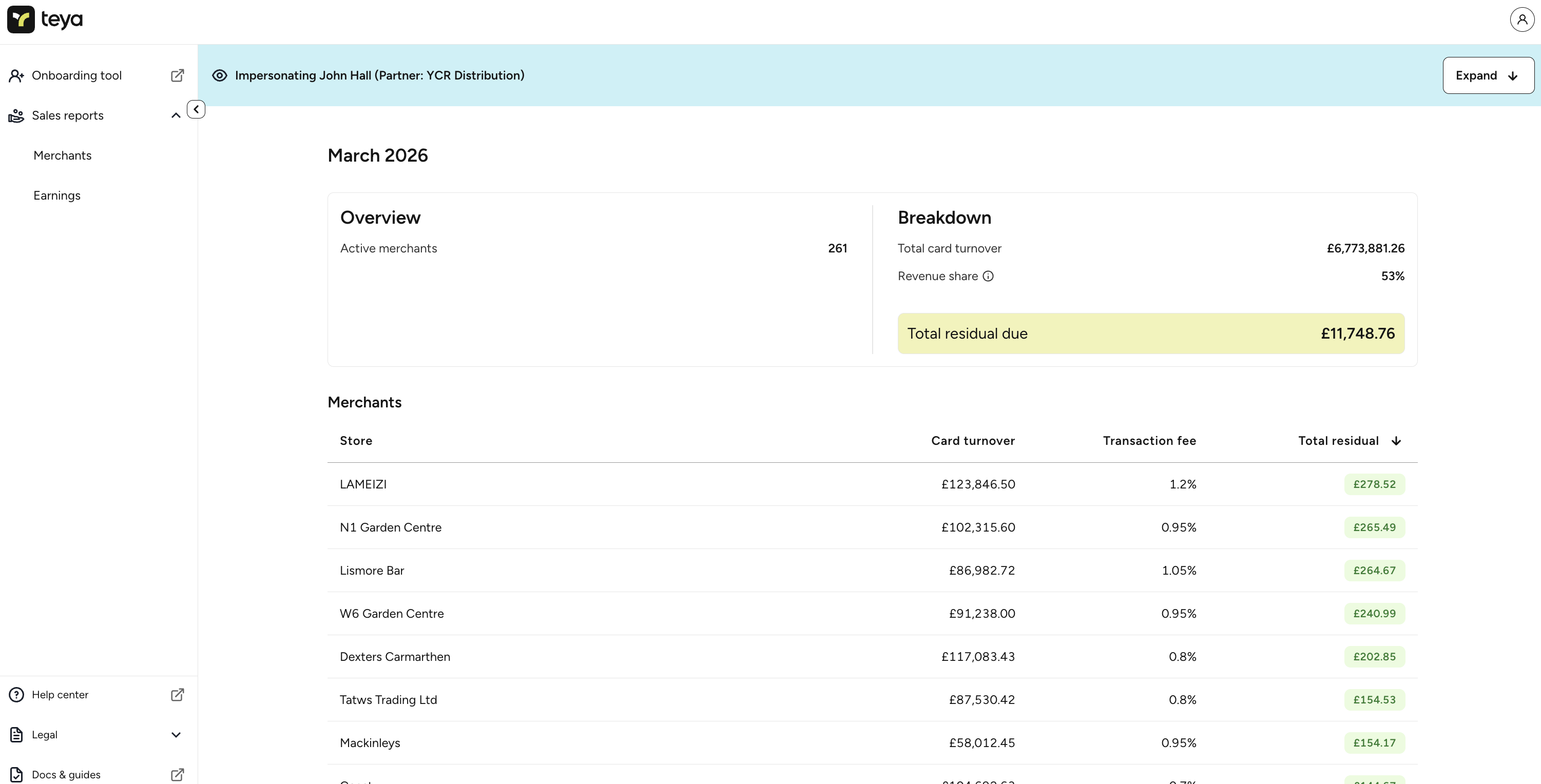 Residual detail - per-merchant card turnover, transaction fees, and total residual